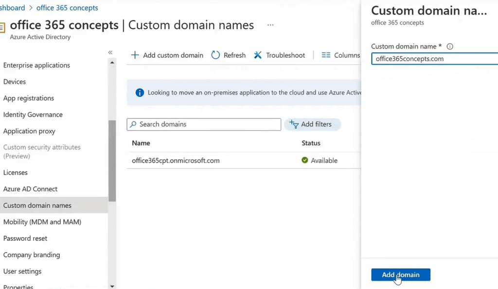 add domain in Azure AD tenant