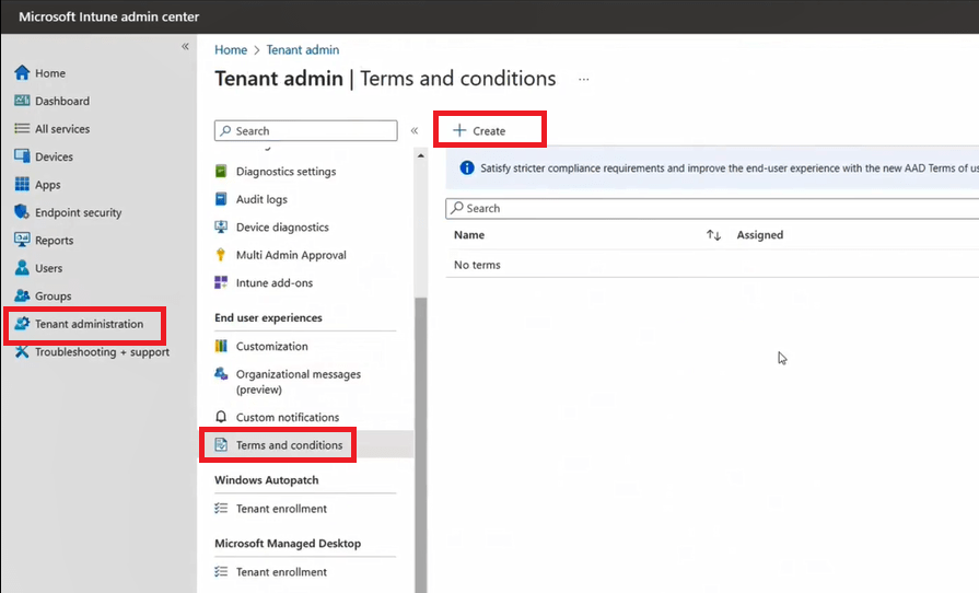 Create terms and conditions in Microsoft Intune