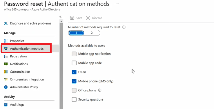 SSPR authentication methods