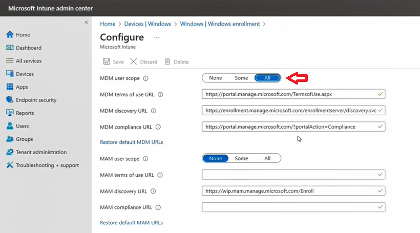 configure automatic enrollment in intune