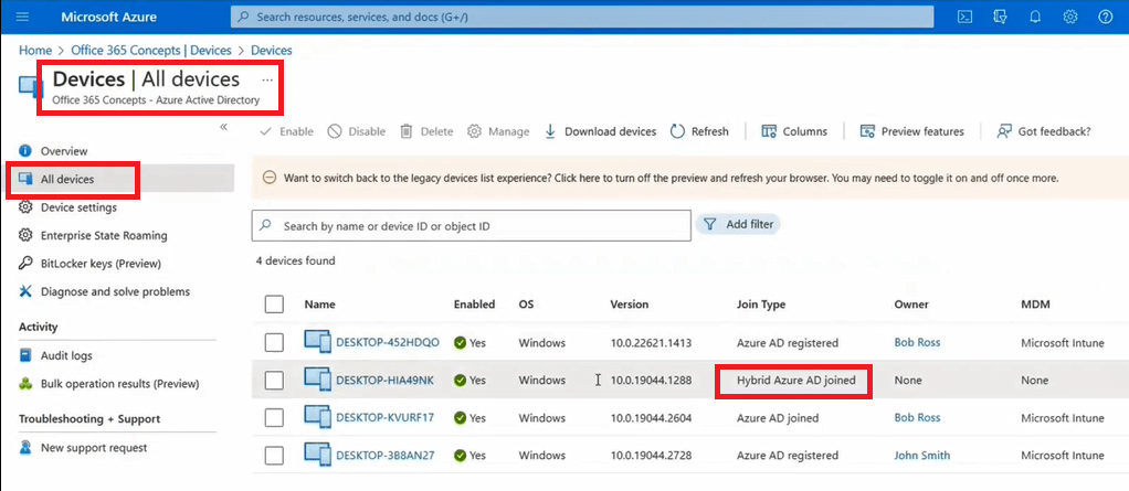 verify hybrid azure ad joined devices