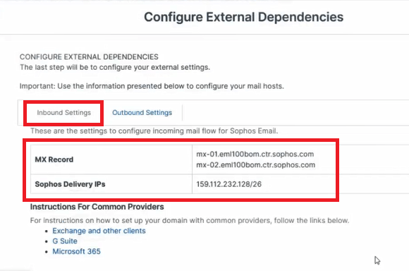 sophos inbound email gateway settings