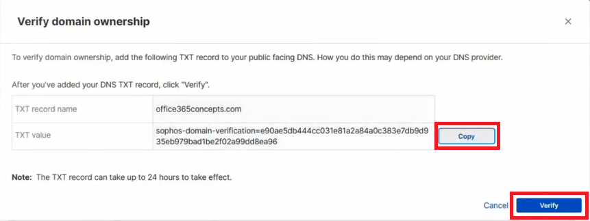 steps to verify domain in sophos central 2