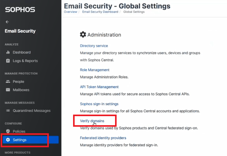 verify domain in Sophos Central Email Security