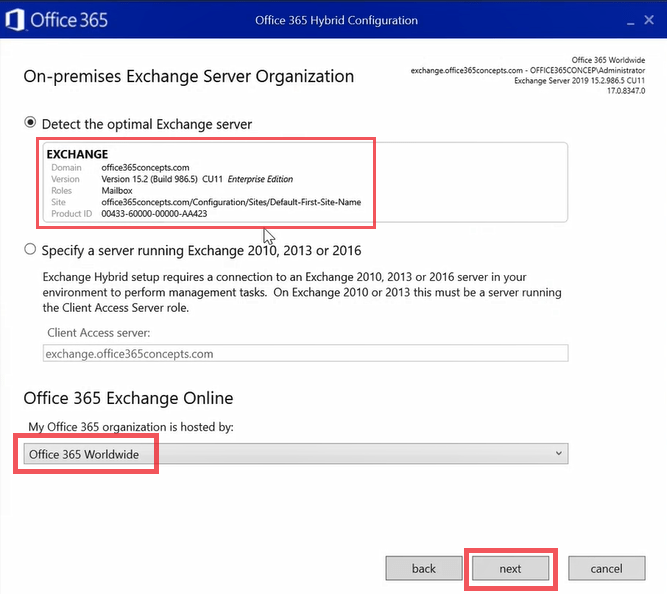 HCW detecting on premises exchange server 1