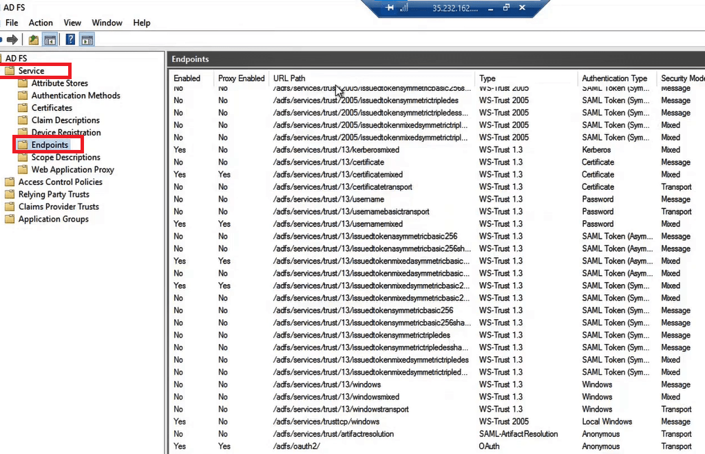 adfs endpoints list