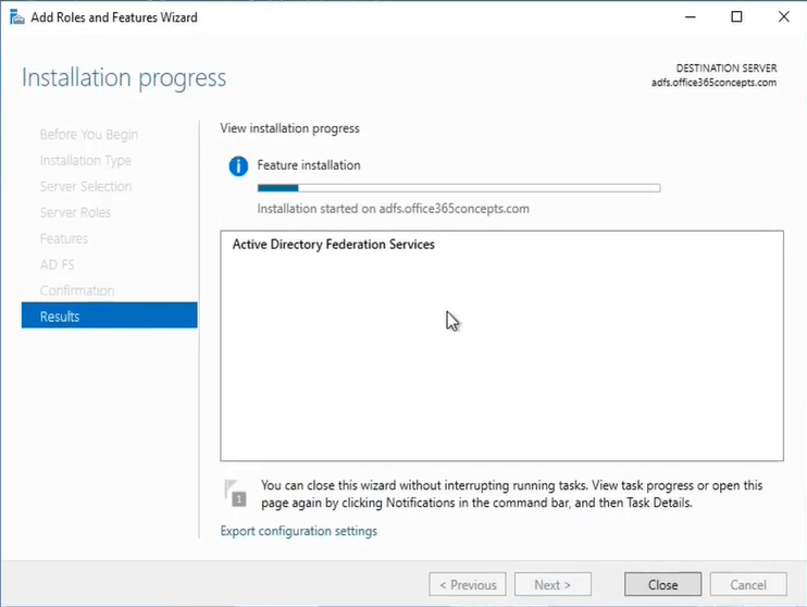 adfs server installation progress