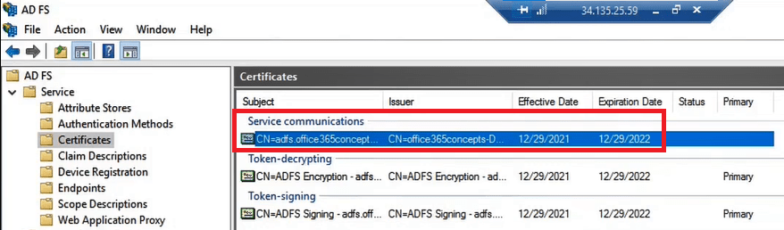 adfs service communication certificate