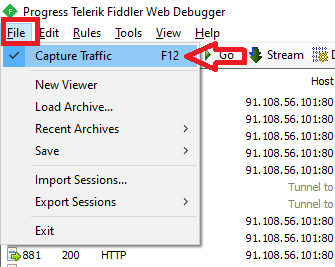 caprure traffic with fiddler