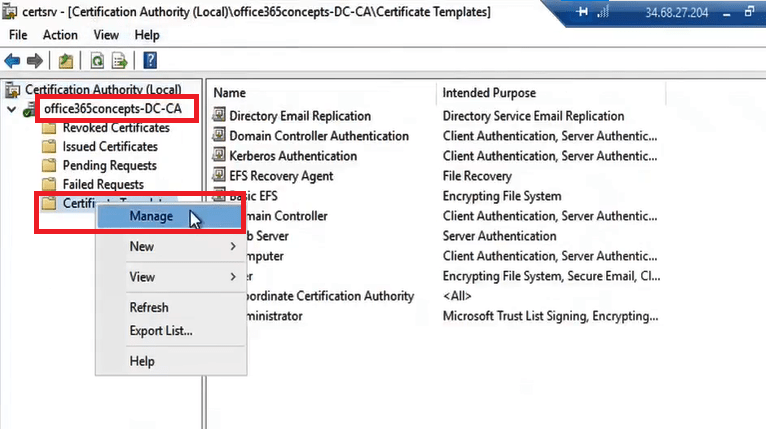 certification authority certificate template