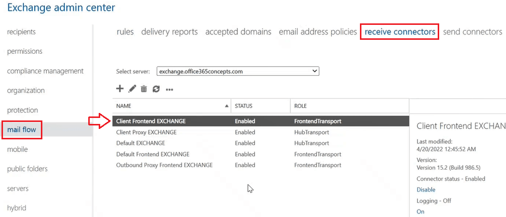 client frontend receive connector