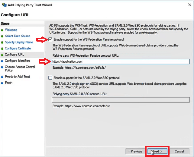 configure URL for relying party trust