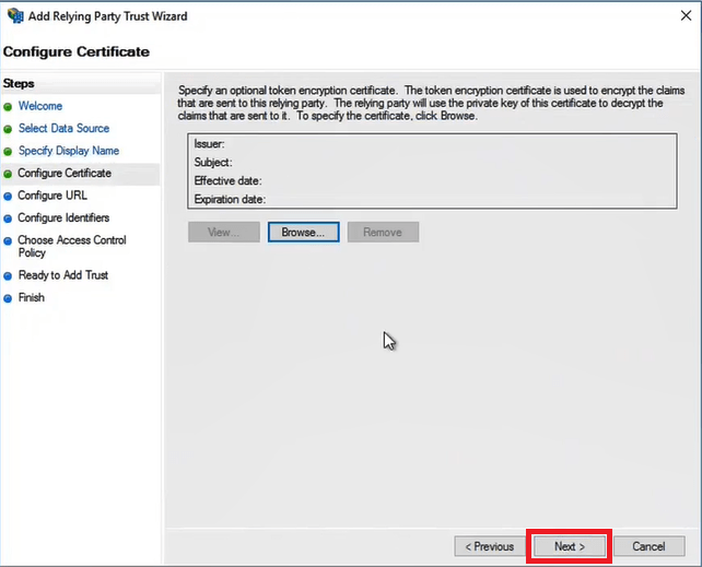 configure certificate for relying party trust