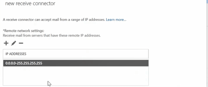 default ip address range in receive connector