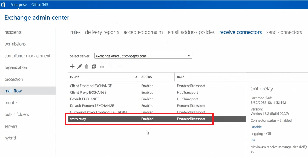 frontend transport receive connector in exchange server 1