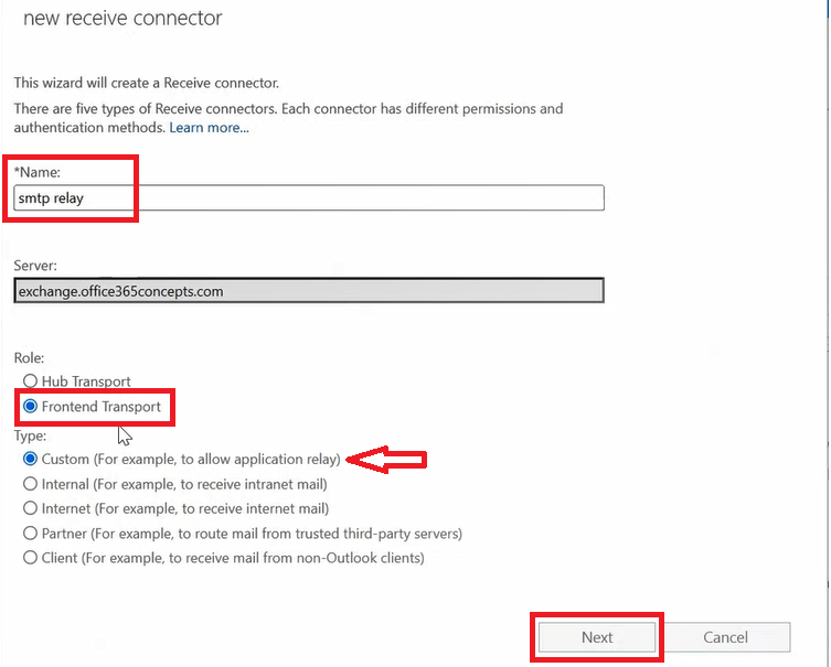 new receive connector in exchange server