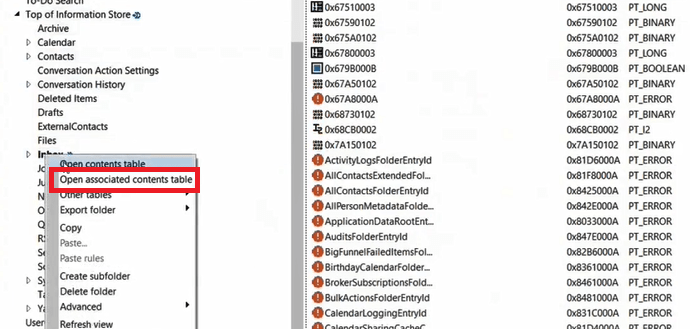 open associated contents table in MFCMAPI