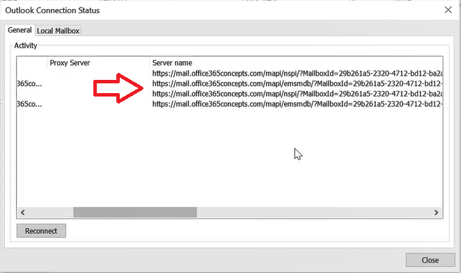 outlook connection status settings