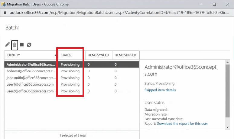 provisioning batch status