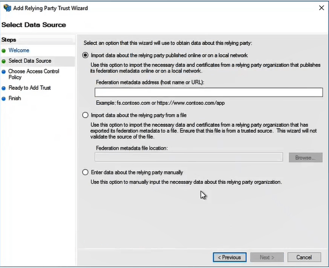 select data source for relying party trust