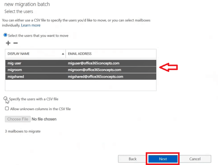 select the users exchange hybrid migration