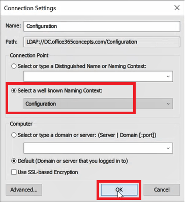 ADSI Edit Connection Settings