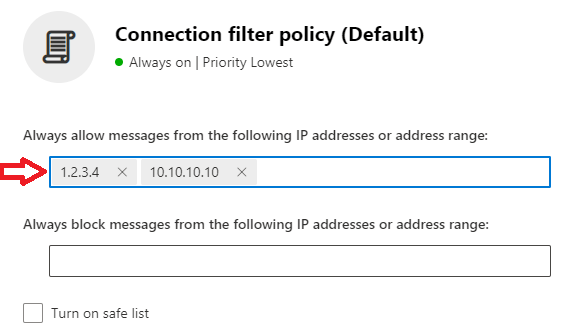 Connection Filter Policy IP Allow List