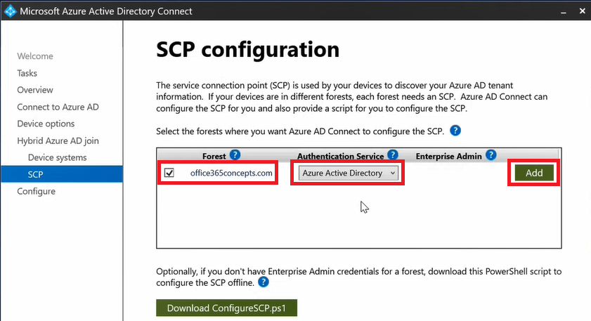 SCP configuration for Azure ad connect 1