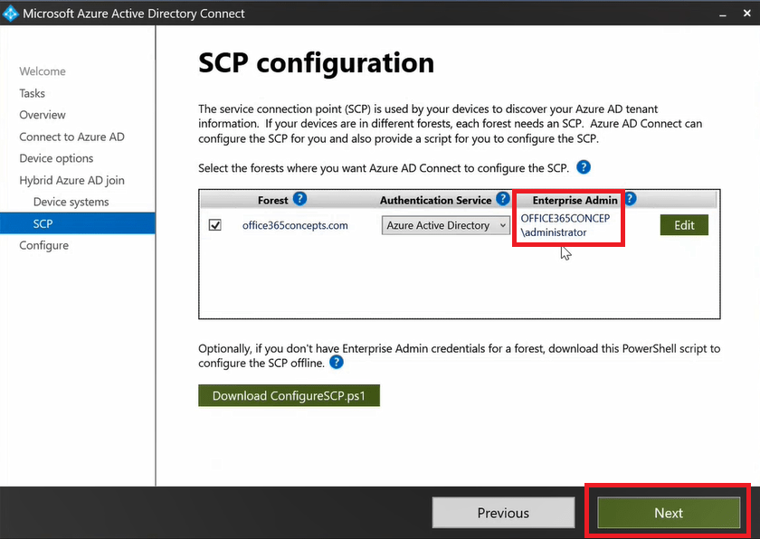 SCP configuration for Azure ad connect 2