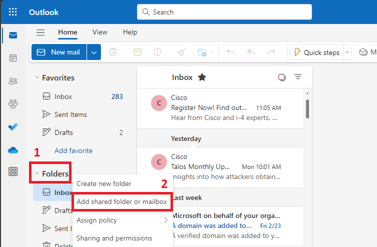 add shared folder or mailbox in OWA