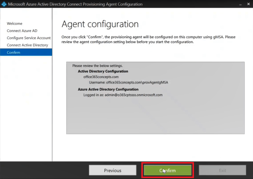 agent configuration azure ad connect