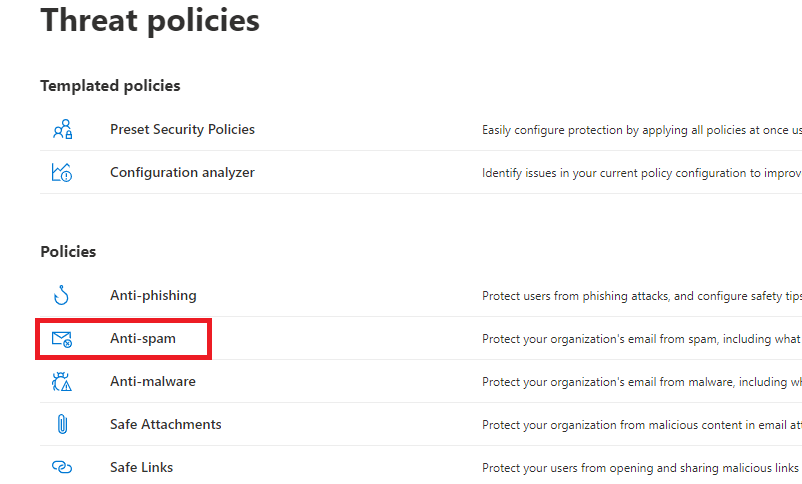 anti spam policies in exchange online protection