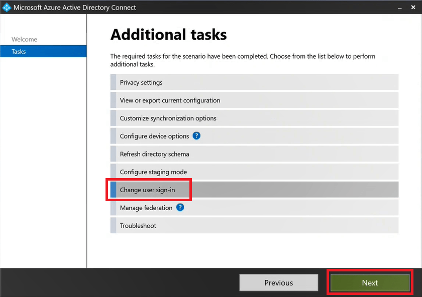 change user sign-in, azure ad connect