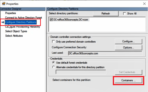 configure directory partitions, azure ad connect