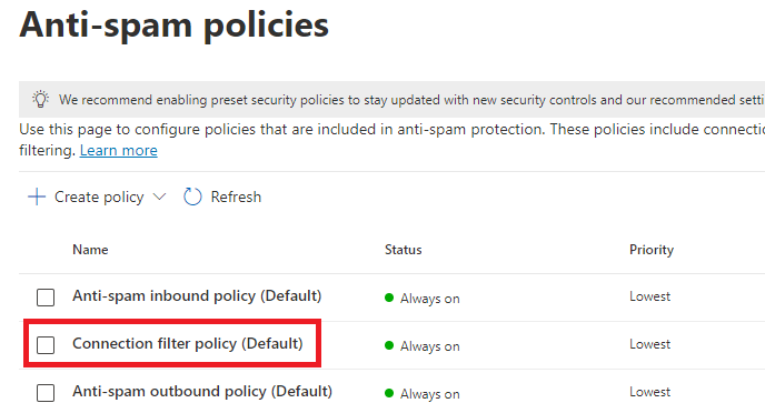 connection filter policy in EOP