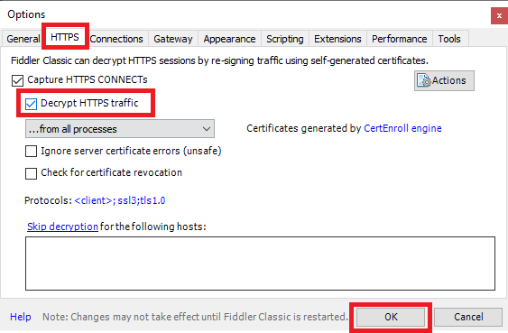 decrypt HTTPS traffic in fiddler