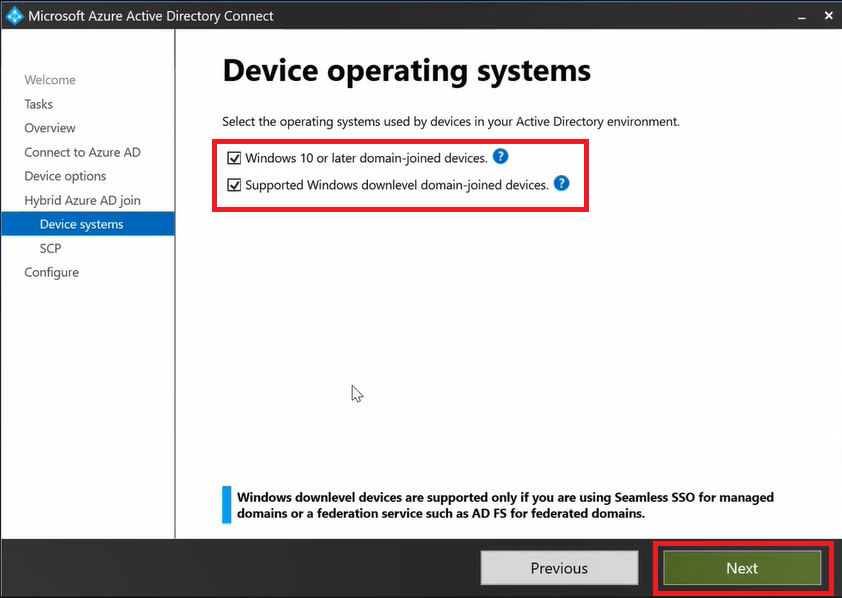 device operating system azure ad connect