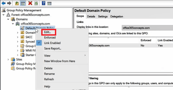 edit default domain policy in group policy