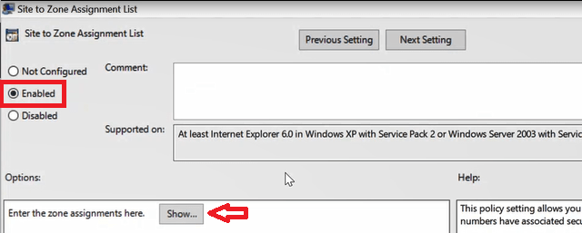 enable site to zone assignment list group policy