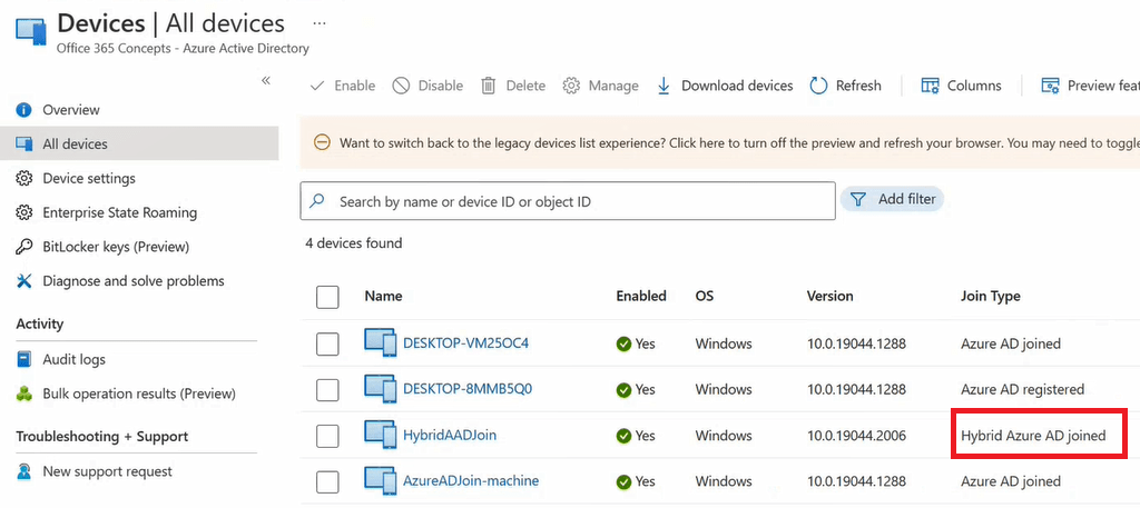 hybrid azure ad joined device in azure ad