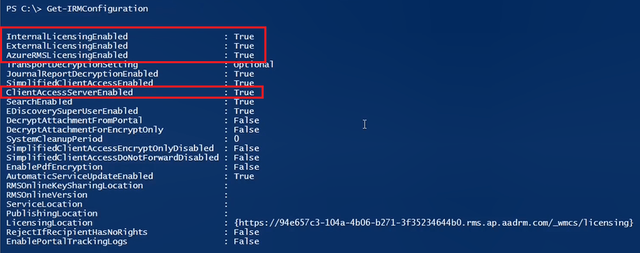 Get-IRMConfiguration output