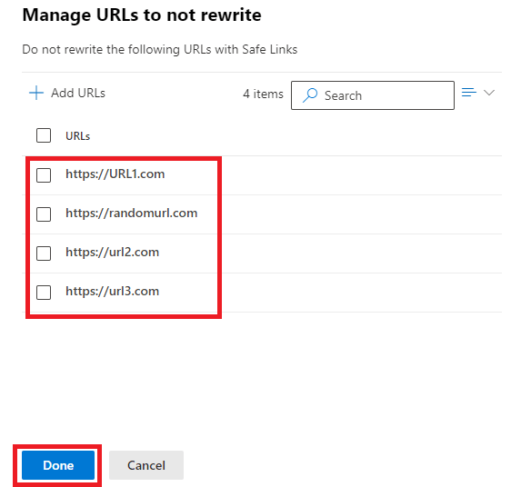 manage URLs in do not rewrite safe links policy
