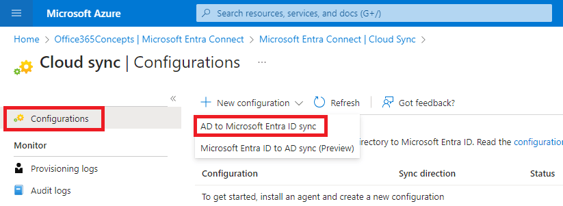 new configuration, azure ad connect sync