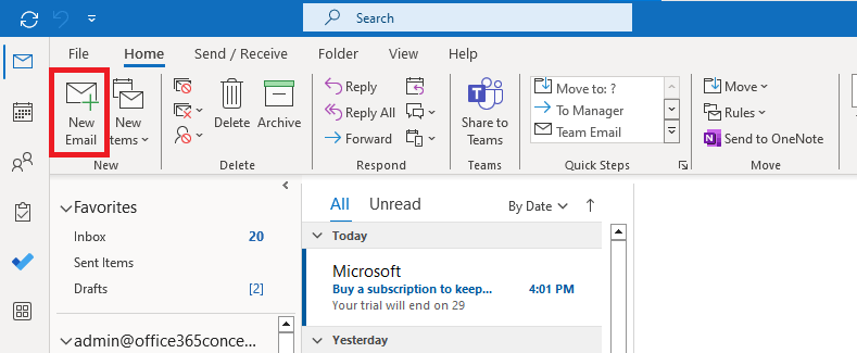 new email in outlook