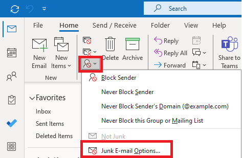 outlook junk settings