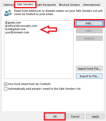outlook safe sender list