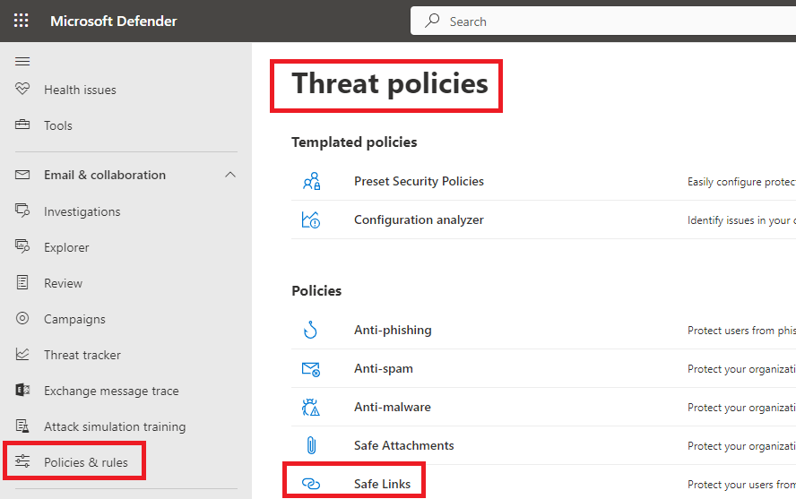 safe links policy in microsoft defender