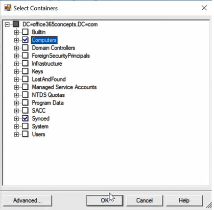 select containers, azure ad connect