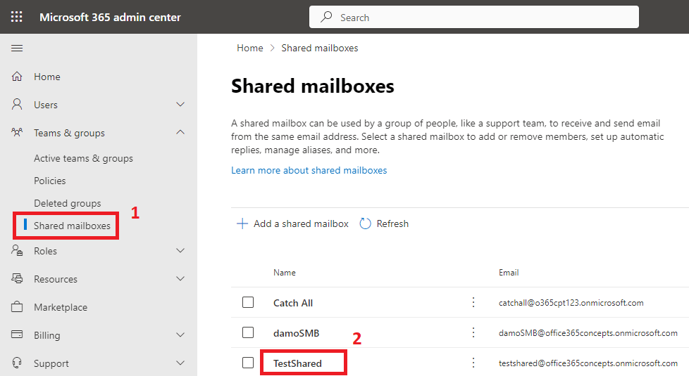 shared mailbox in admin center