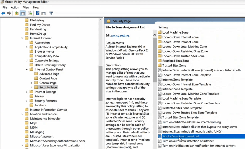 site to zone assignment list